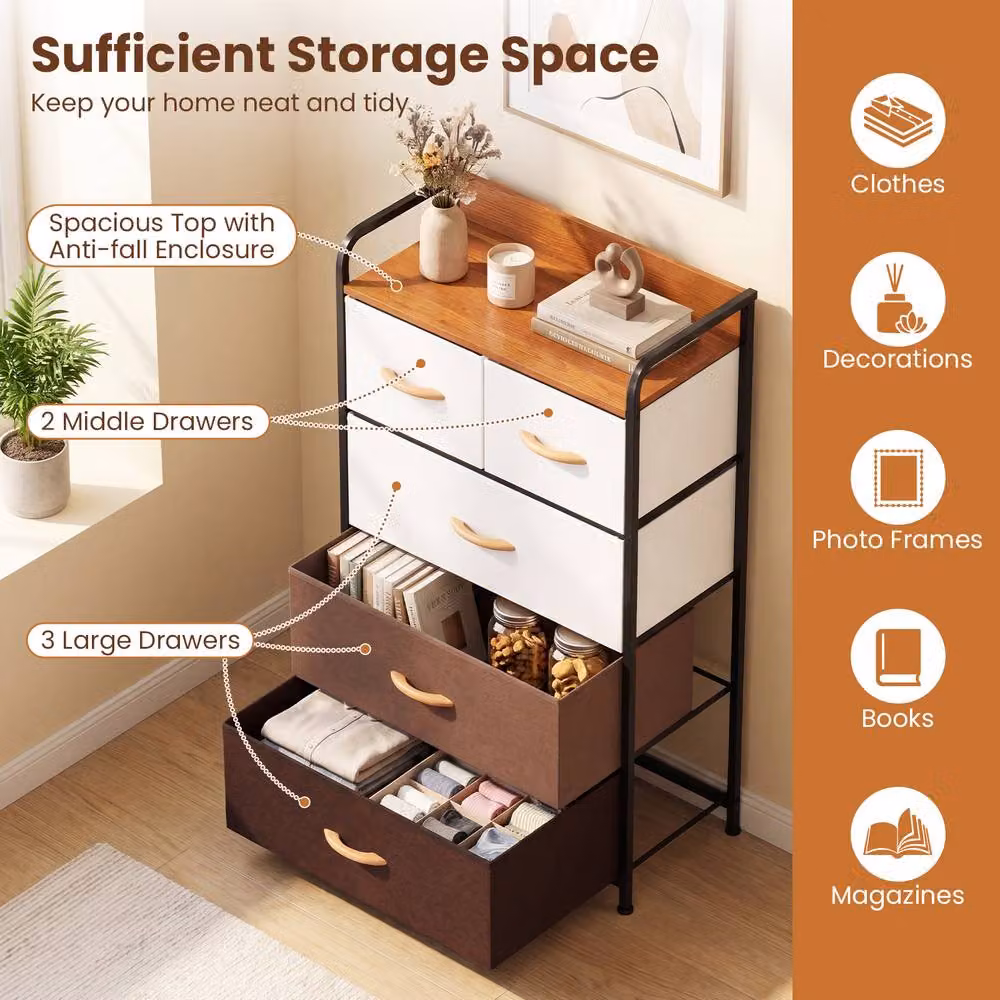Gymax 5-Drawer Fabric Dresser, Tall Narrow Freestanding Storage Tower Organizer in Brown – 5