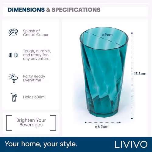 LIVIVO Set of 6 Plastic Tumblers, 600ml, Petrol/Turquoise, Stackable and Dishwasher Safe – 7