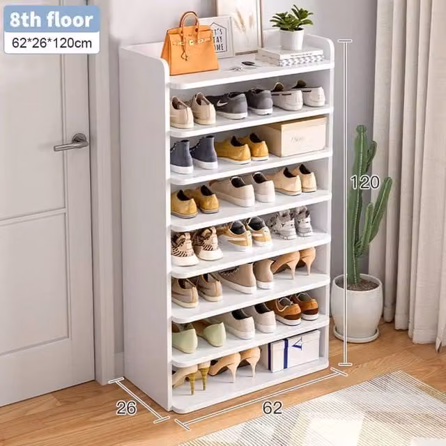 FORGEVIO 8 Tier Wooden Hallway Shoe Rack with Open Shelves, White, W: 62 cm, D: 26 cm, H: 120 cm