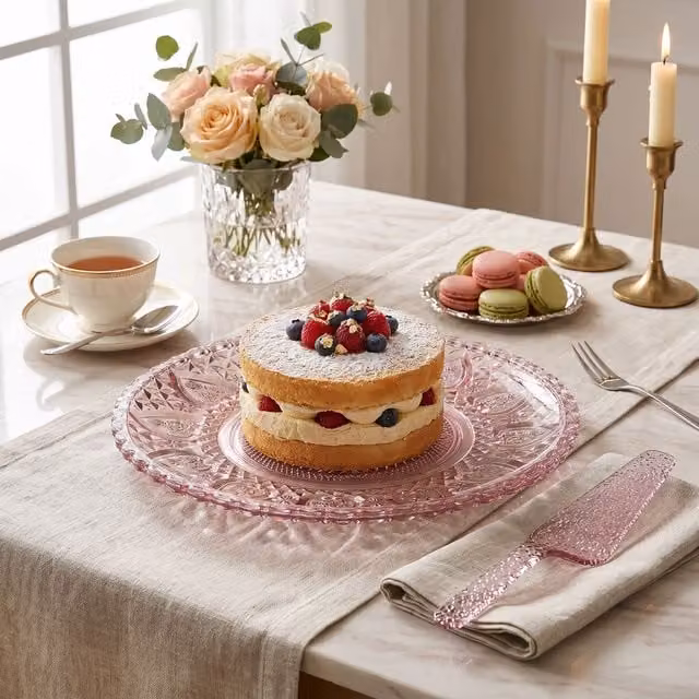Orsina Pink Glass Cake Plate and Slice Set – 1