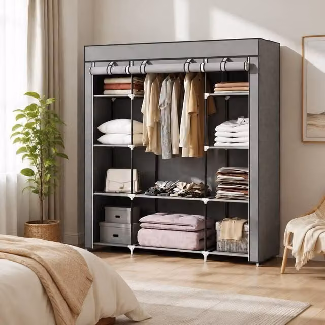 STILVORA Portable Wardrobe with Roll Shutter, Hanging Rail and Internal Shelves in Grey, H 162.5 x W 150 x D 43 cm