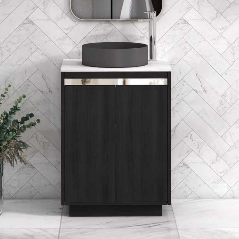 Royal Bathrooms Orion 600mm Hale Black Floor Standing 2 Door Vanity Unit with Carrara White Countertop and Art Round Basin