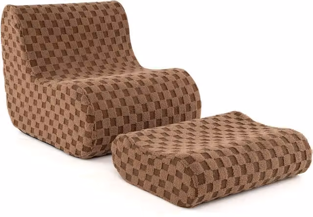 COSTWAY Brown Fabric Bean Bag Chair with Ottoman and Removable Cover filled with Shredded Memory Foam