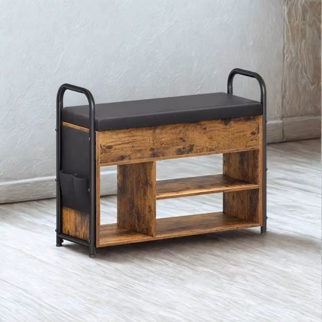 Pirlo Plush Brown Shoe Storage Bench with Cushioned Seat and Open Shelves – 1