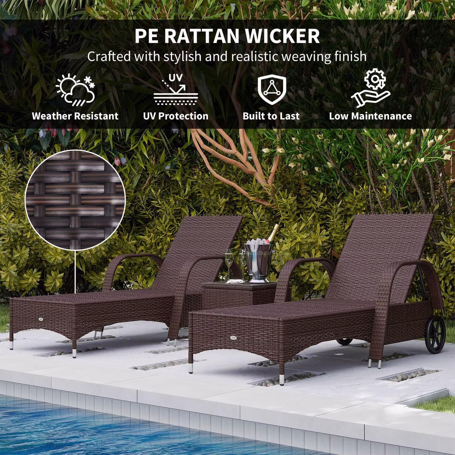Outsunny 3 Piece Brown PE Rattan Patio Lounge Chair Set with Cushions and Castors – 4