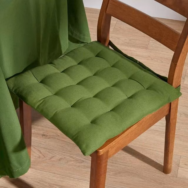 Homescapes Green Cotton Square Seat Pad with Ties