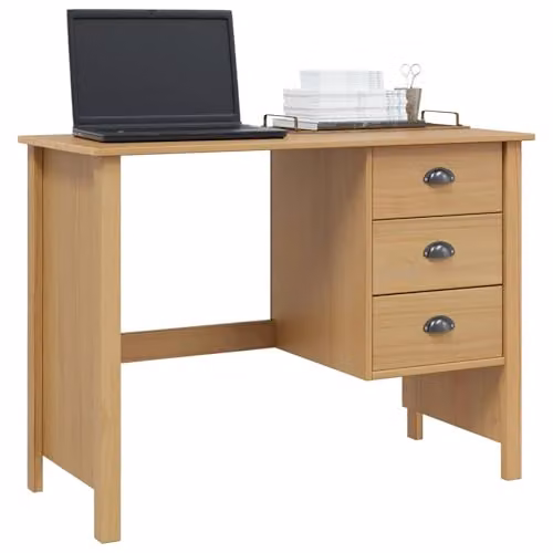 vidaXL Modern Writing Desk with Drawers in Brown Pine Wood, W/D/H: 100 x 45 x 74 cm – 1