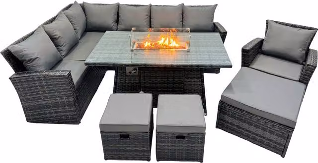 Fimous 7-Piece Dark Grey Mixed Rattan Corner Sofa Set with Gas Firepit Table and Dark Grey Fabric