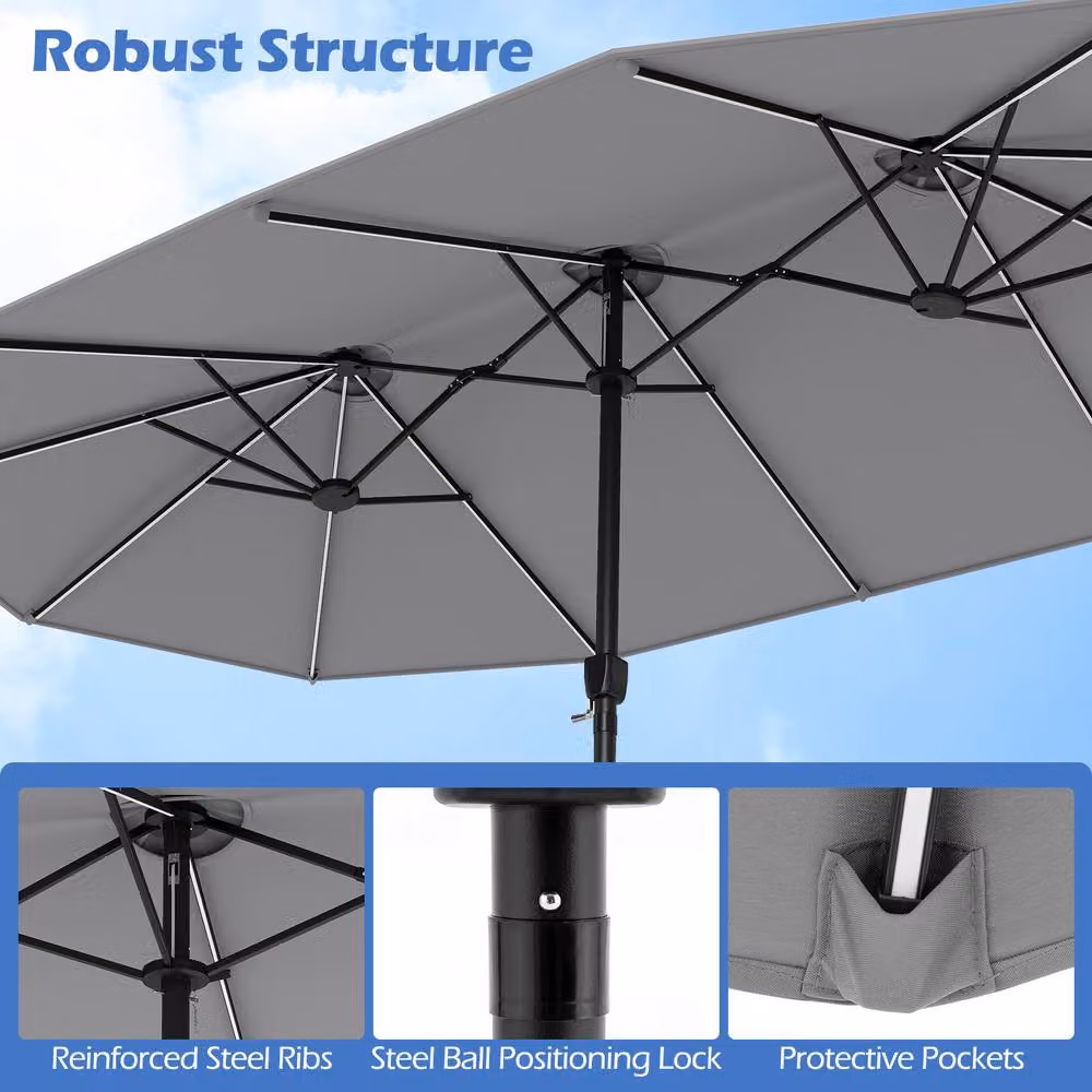 Costway 15ft Double-Sided Cantilever Outdoor Patio Umbrella with 144 Solar LED Lights in Grey – 6