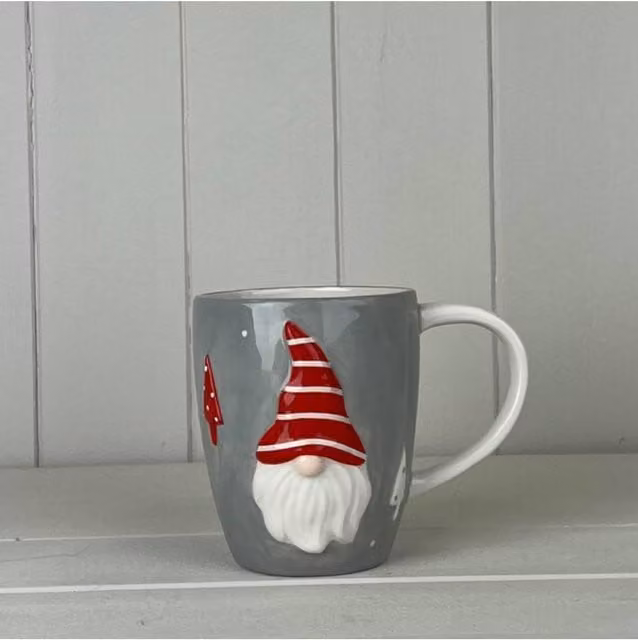 KDMD Grey Ceramic Gonk Mug with Red Striped Hat and White Handle