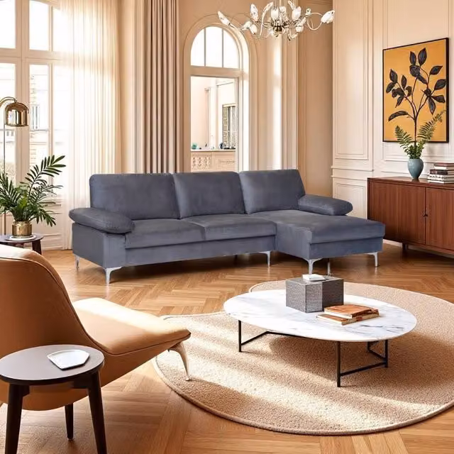 SquareBoxx Venosa Grey Velvet Right-Facing Sectional Corner Sofa