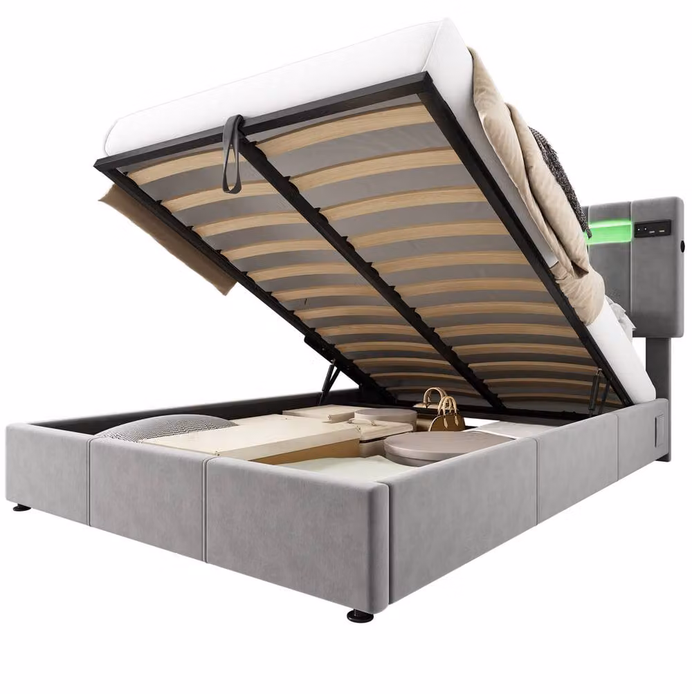 STILVORA Grey Upholstered Double Bed with Storage, USB Charging Port and Under-Bed Lighting, W/D/H: 150 x 200 x 43.5 cm – 4
