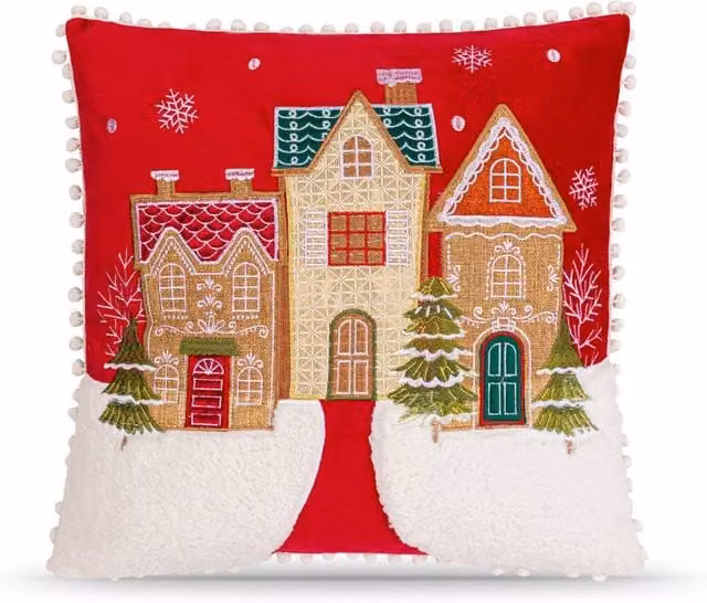 Luxury Living Red Christmas Gingerbread House Plush Square Cushion, 45 x 45 cm