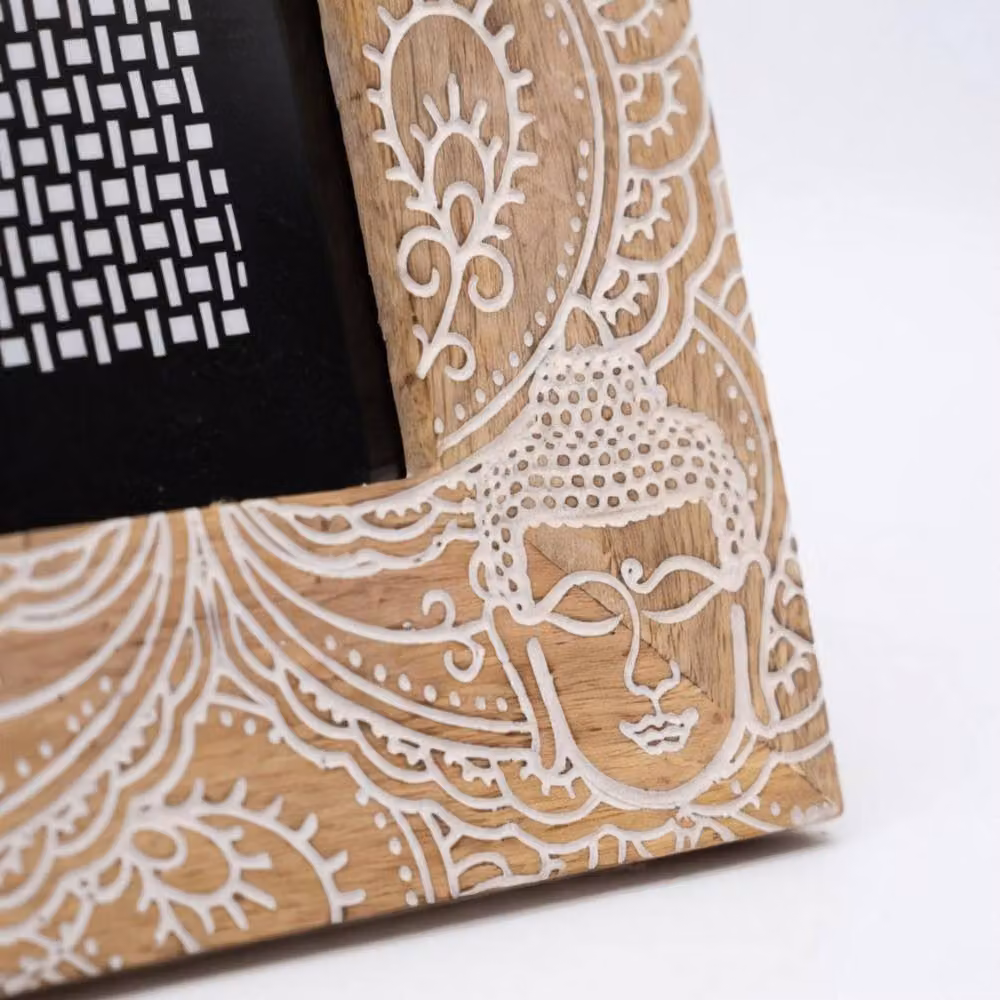 KDMD White and Brown Mango Wood Buddha Picture Frame for 10x15cm Photos, W/H/D: 20 x 20 x 2 cm – 2