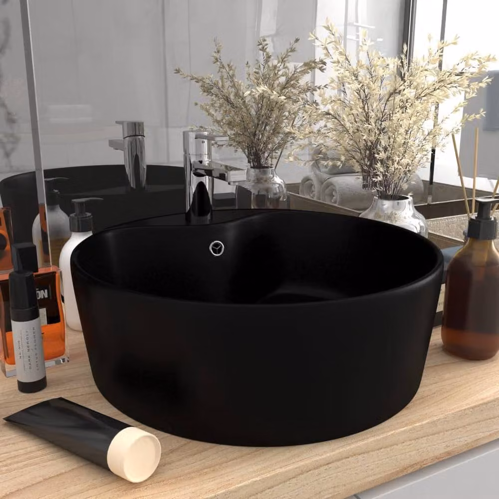 Berkfield Home Luxury Round Ceramic Countertop Wash Basin with Overflow, Matt Black, W: 36 cm, D: 13 cm, H: 13 cm – 2