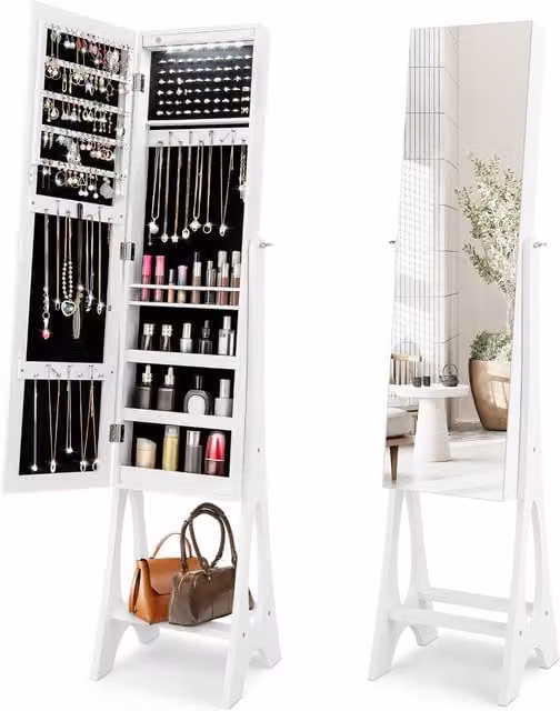 COSTWAY Freestanding White Glossy Jewelry Cabinet with Mirror and LED Lighting
