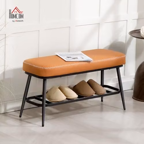 HOMCOM Modern Shoe Bench with PU Leather Seat and Metal Frame in Brown and Black, W/D/H: 120 x 31 x 45 cm – 2
