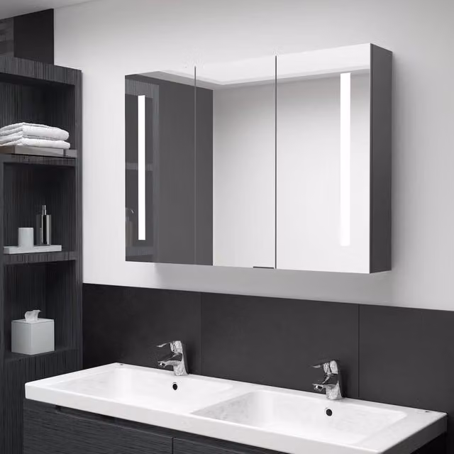 Berkfield Home Modern Grey LED Bathroom Mirror Cabinet with Internal Shelves, W: 89 cm, D: 14 cm, H: 62 cm – 1