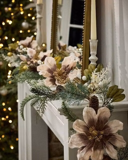 Dibor Magnolia Blush Christmas Table Decoration Garland with Pink, White and Multicolour Flowers and Foliage, 1.8m