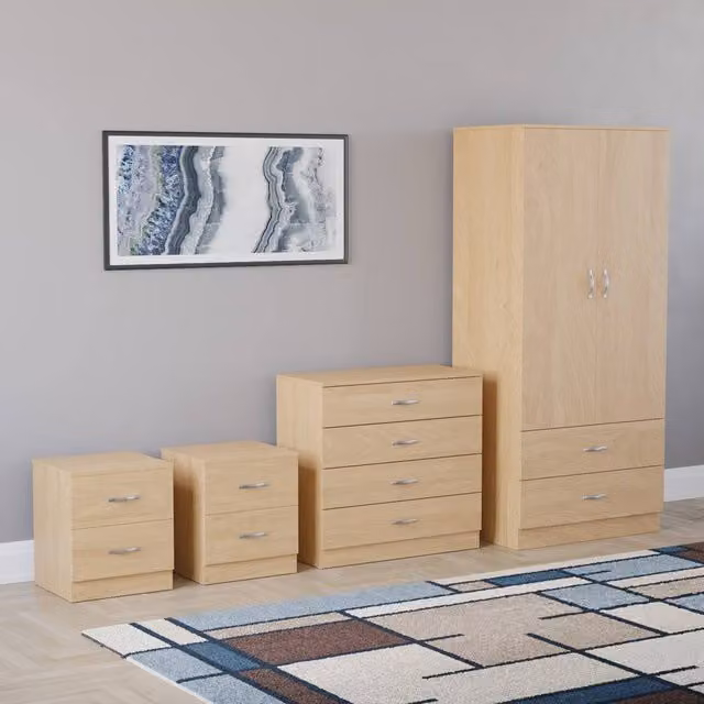 HD Designs Riano 4 Piece Brown Bedroom Set with 2 Drawer Bedside and 4 Drawer Chest