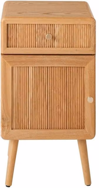 CALICOSY AVA Bedside Table with 1 Door and 1 Drawer and Slatted Fronts in Light Brown