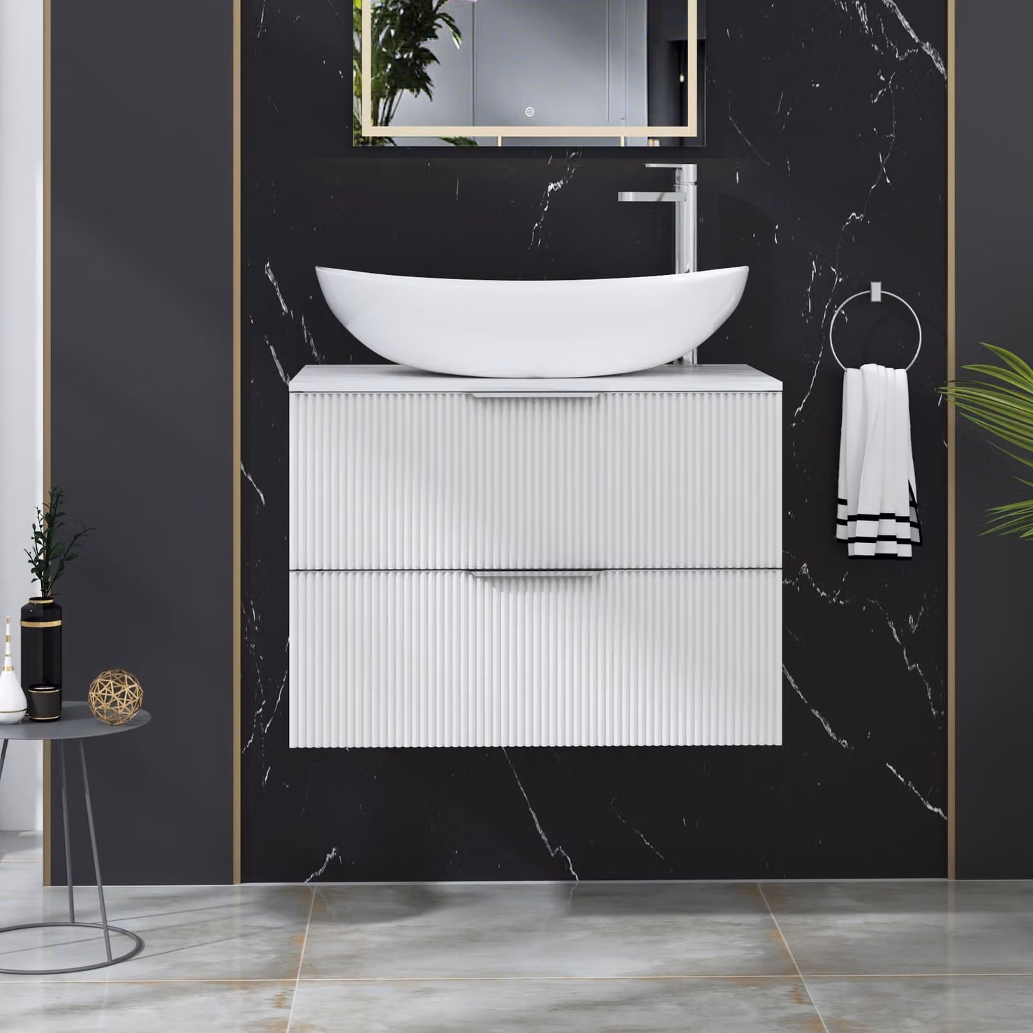Royal Bathrooms Evora Matt White Fluted Wall Hung Vanity Unit with Cesar Basin and 2 Drawers