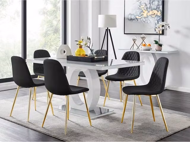 FurnitureboxUK Giovani Grey Dining Table with Six Corona Gold Leg Chairs in Black and Gold