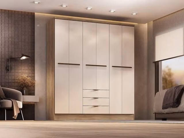 Peroli Vente-unique 6-Door Wardrobe with 3 Integrated Drawers in Beige, W: 180 cm, H: 206 cm