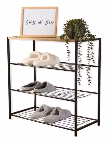 OHS 4 Tier Freestanding Shoe Rack with Black Metal Frame and MDF Shelves – 1