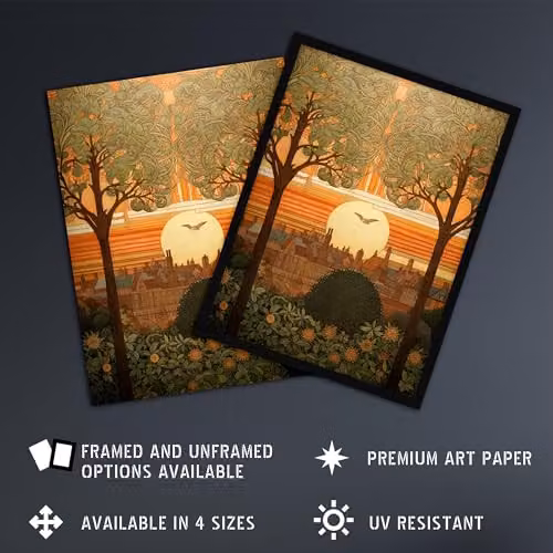 Artery8 Art Nouveau Autumn Village Sunset Unframed Paper Wall Art Print Poster, Multicolour, W: 30.5 cm, H: 40.5 cm – 2