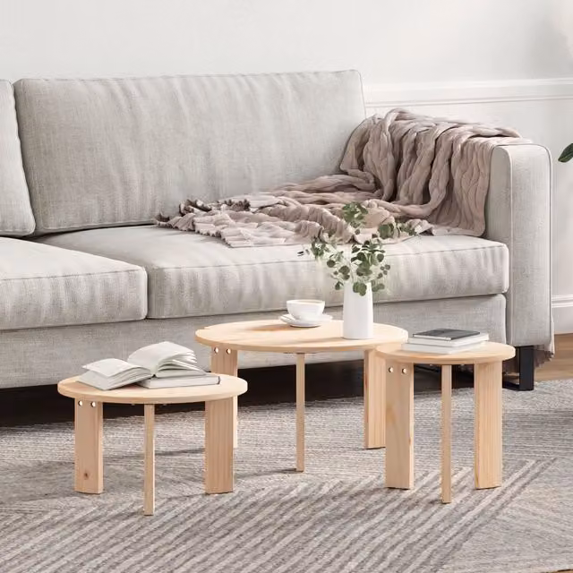 Berkfield Home 3-Piece Nested Round Coffee Table Set in Brown Rustic Solid Pine Wood