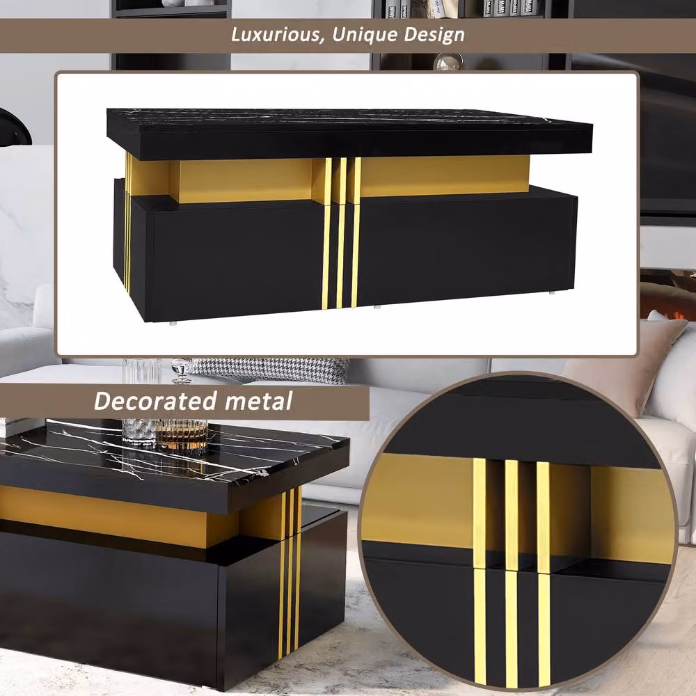 ModernLuxe Modern Rectangular Coffee Table with Marble Top and 2 Drawers in Black, W/D/H: 100 x 50 x 40 cm – 9