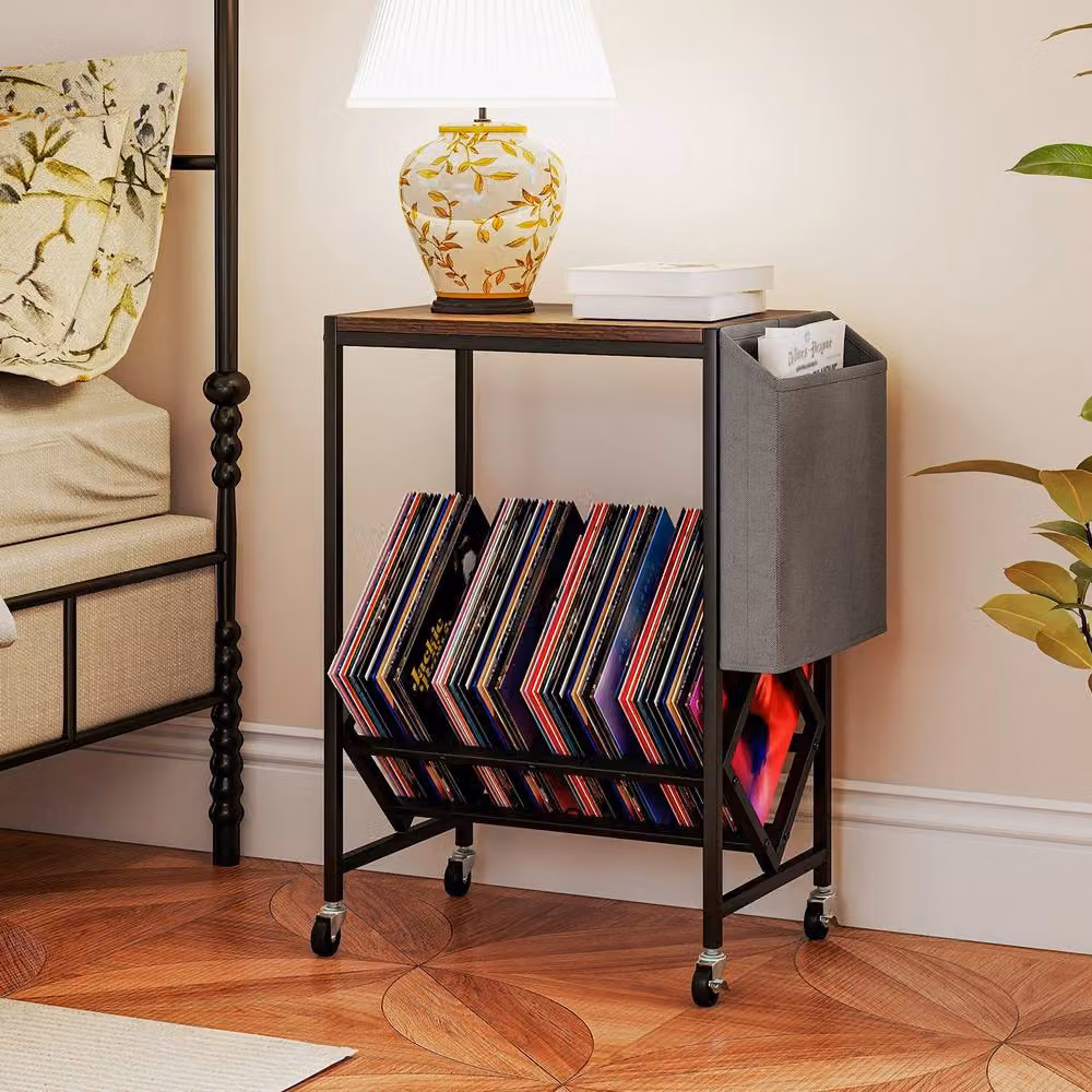 Gymax Brown Rolling Turntable Stand with Vinyl Magazine Holder and Media Compartments – 8