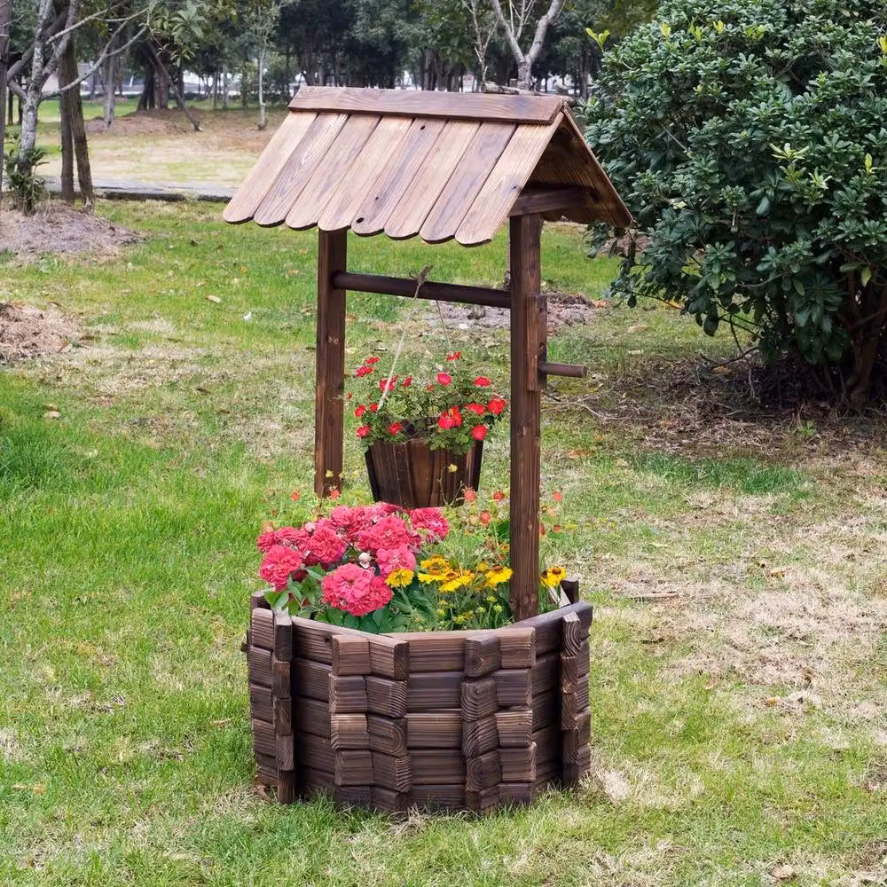 NESTLUNE Wishing Well Planter Bucket in Brown Rustic Wood for Garden and Outdoor Decoration W/D/H: 114 x 60 x 55 cm – 6