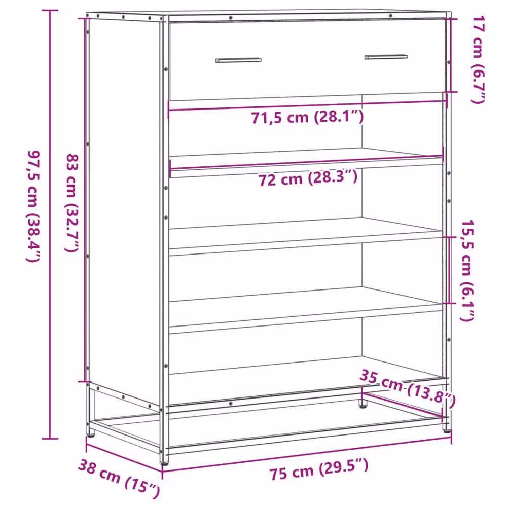 Berkfield Home Black Modern Shoe Cabinet with Drawers and Open Shelves, W/D/H: 75 x 38 x 97.5 cm – 5