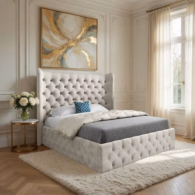 Casani Ickworth Single Upholstered Velvet Designer Bed Frame in Beige – 1