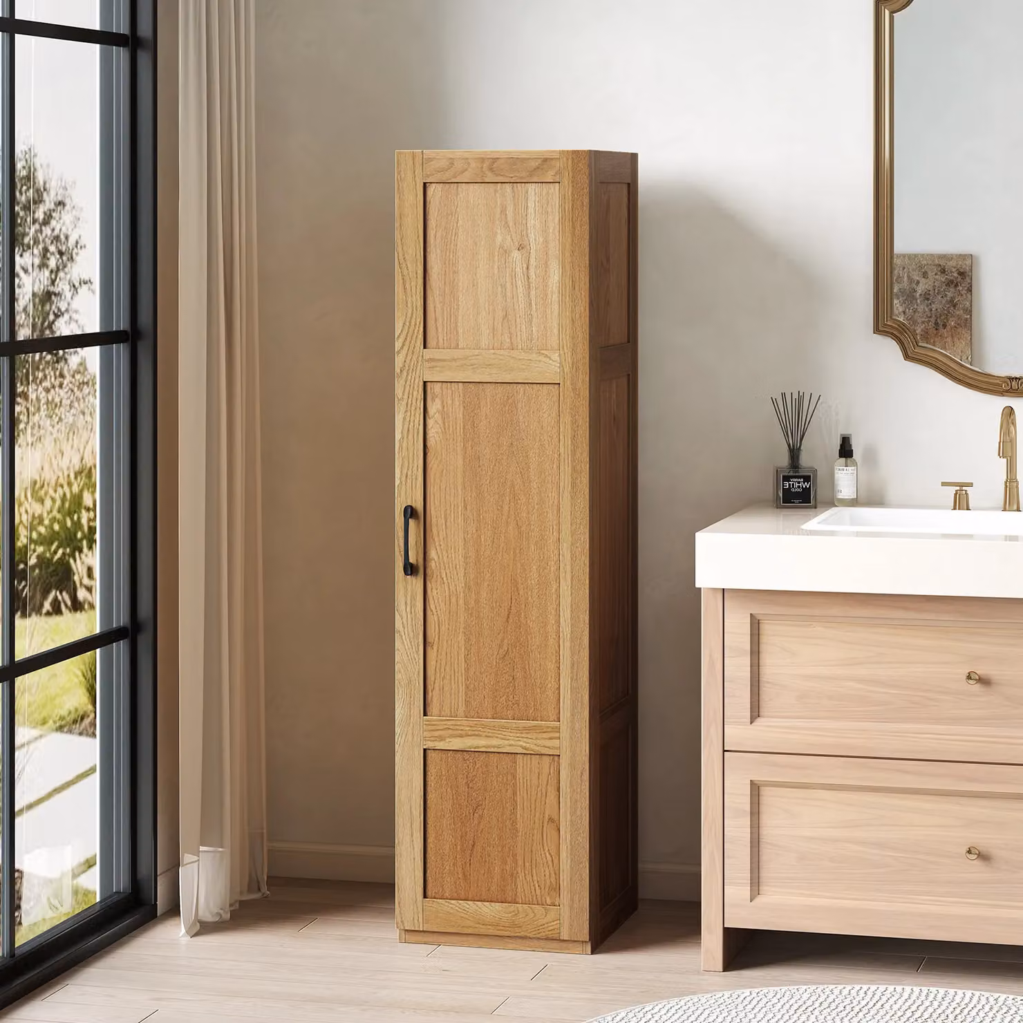 Costway 4-Tier Freestanding Tall Storage Cabinet with Hinged Doors in Sand Wood Finish, H 150 cm x W 40 cm x D 40 cm – 6