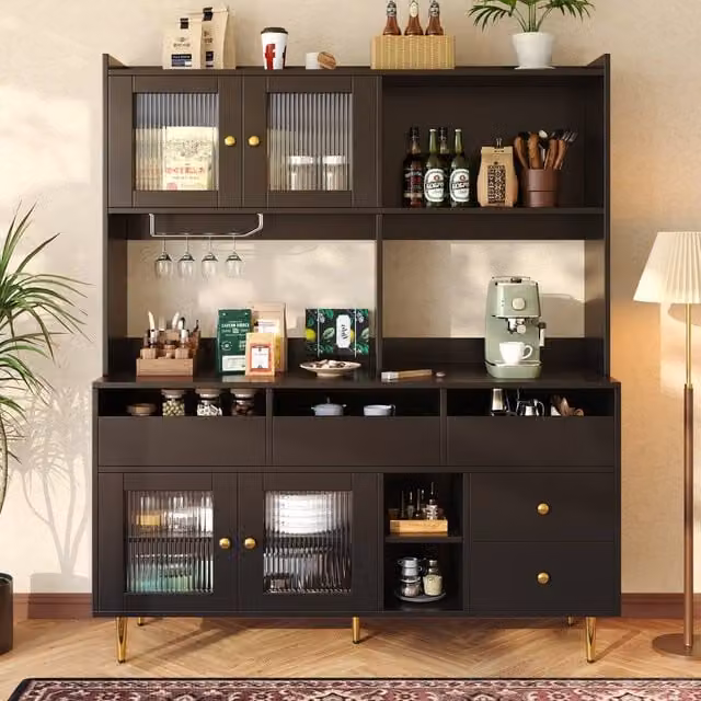 ModernLuxe Matt Black Kitchen Tall Unit with 4 Glass Doors and 5 Drawers, H: 171.0 cm, W: 39.0 cm, D: 39.0 cm