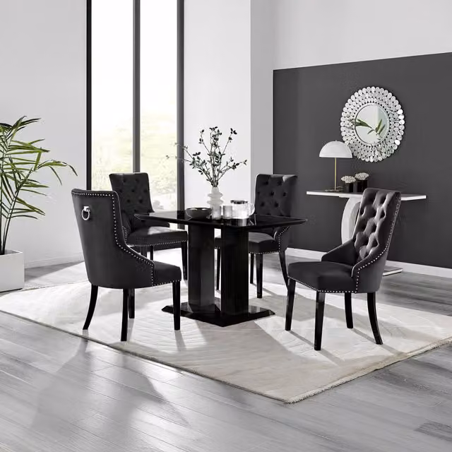 FurnitureboxUK Imperia Black Glass Dining Table and 4 Belgravia Black Leg Chairs Set, W: 120 cm