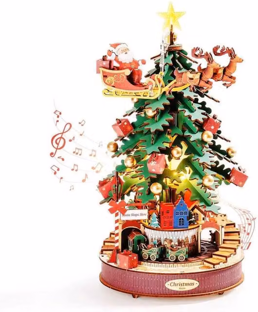 Syntego Christmas Melody Tree 3D Wooden Puzzle Music Box in Brown and Multicolour, W/D/H: 31.9 x 4.0 x 3.0 cm