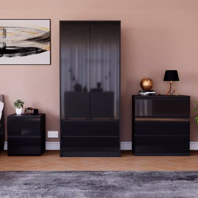 HD Designs Vida Designs Glinton 3 Piece Black Glossy Modern Bedroom Set