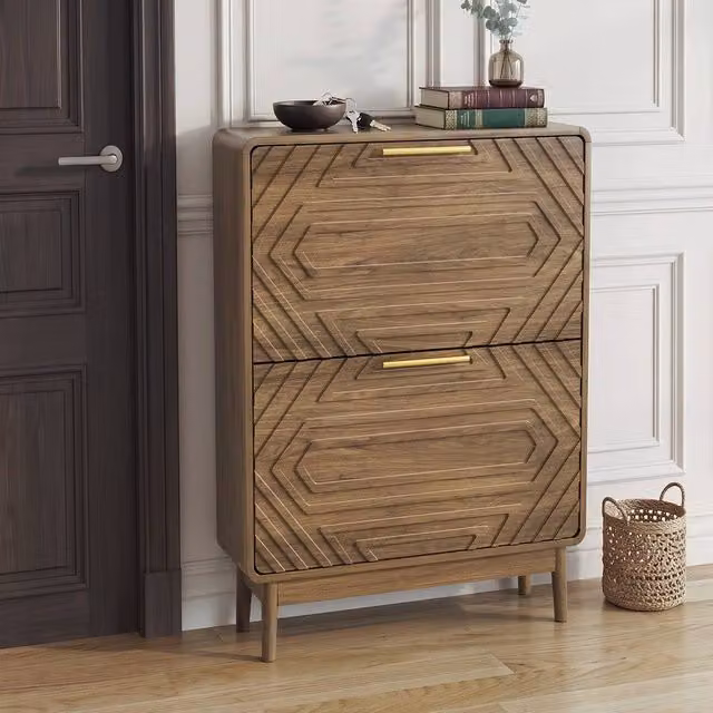 Merax Walnut Slim 2 Compartment Shoe Cabinet with Geometric Fronts, Brown and Gold, W/D/H: 60 x 24 x 95 cm