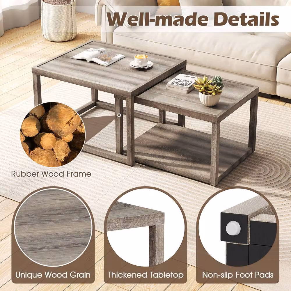 Costway Set of 2 Nesting Rectangular Coffee Tables in Grey Rustic Rubberwood – 4