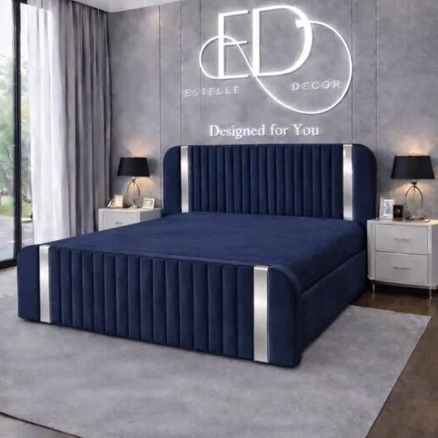 Stratus Interiors Aura Single Rounded Panel Bed with Gas Lift Storage in Blue Velvet and Silver Accents, W: 90 cm, L: 190 cm – 1