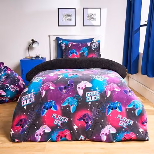 OHS Single Gaming Fleece Bedding Set with Reversible Duvet Cover and Pillowcase, Multicolour, W/D/H: 135 x 200 cm