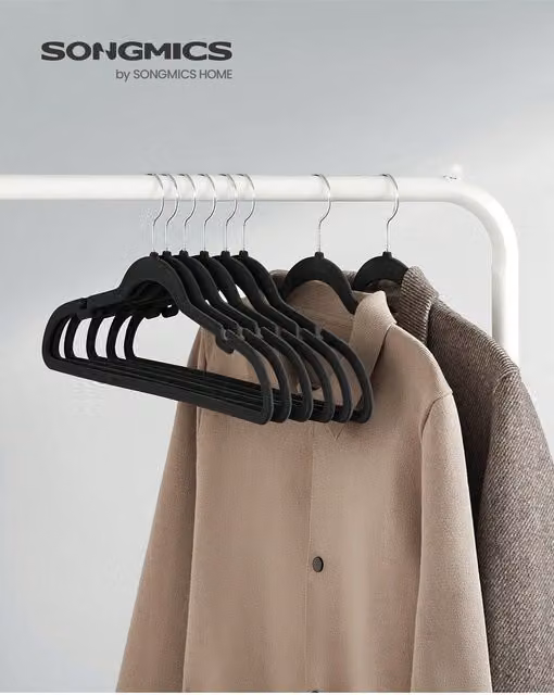 SONGMICS Non-Slip Velvet Flocked Coat Hangers with Notches and Swivel Hooks, Black, 3.7kg