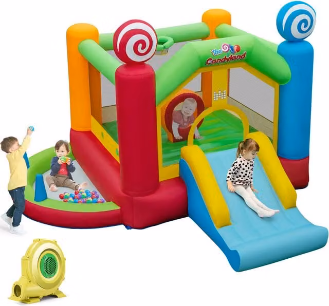 COSTWAY Candy Themed Jumping House with Slide and Ball Pit in Red and Multicolour – 1