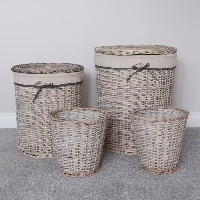 JVL Set of 4 Arianna Round Grey Willow Baskets with Open Weave Design
