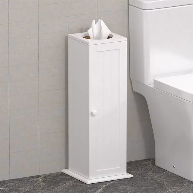 Nordara White Wooden Toilet Paper Holder Stand and Bathroom Storage Cabinet