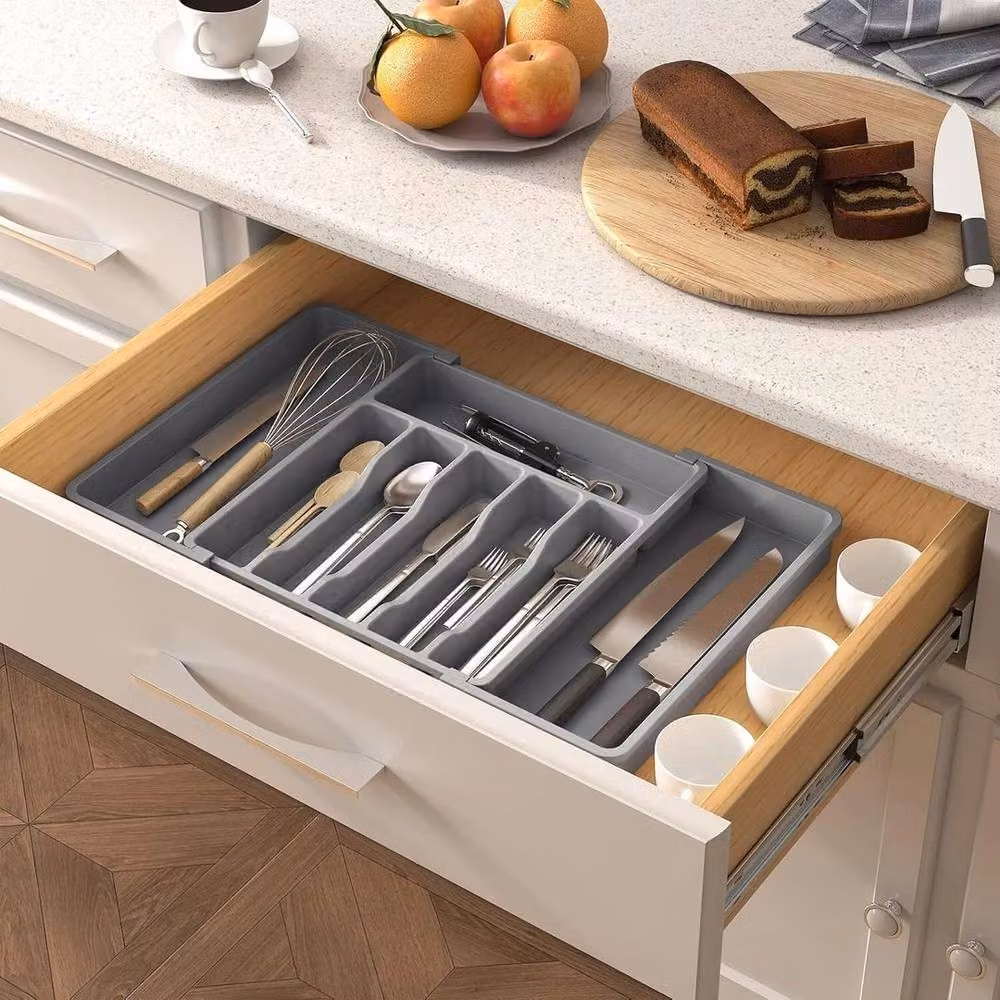 PAWNORA Expandable Grey Plastic Cutlery Tray for Kitchen Storage – 5